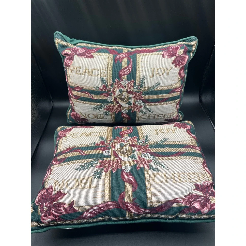 Vtg Tapestry Christmas Throw Pillows Set of 2 Peace Joy Noel Cheer Green 15x11